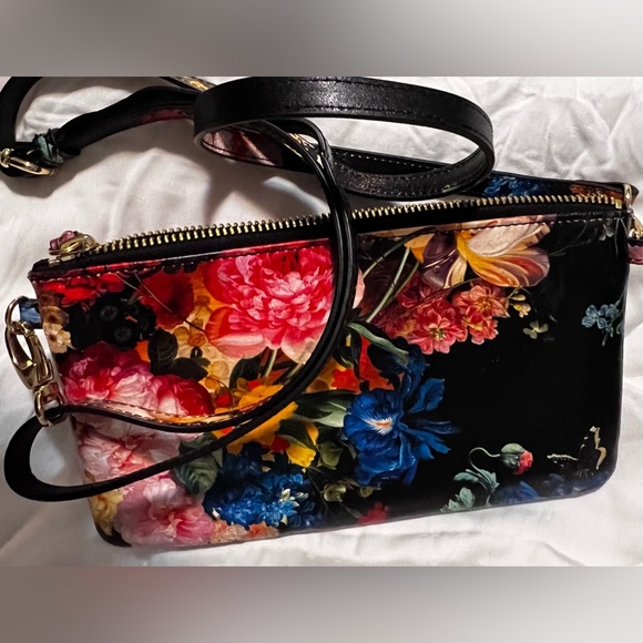 Black Leather clutch with flowers and crossbody shoulder bag. LODIS 9x5x0.5” - Picture 12 of 13
